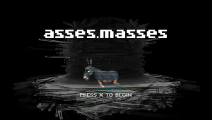 Cover image for asses.masses gaming as theater experience. Pixelated donkey with "Press X to begin" displays.