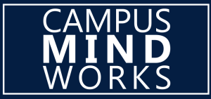 A blue rectangle with white lettering that states Campus Mind Works.
