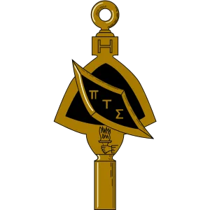 This image depicts the emblem of Pi Tau Sigma, the mechanical engineering honor society. It is a golden key featuring the following elements:  Triangular Shape: A large, equilateral triangle forms the main body of the design. Greek Letters: The letters "ΠΤΣ" (Pi Tau Sigma) are inscribed prominently on a banner crossing diagonally across the triangle. Torch: Below the banner, a torch with a flame represents knowledge and inspiration. Circular Loop: At the top of the emblem, a circular loop extends upward from the triangle. Base Handle: The bottom portion of the design features a vertical handle extending downward, giving the emblem the shape of a key. The entire emblem is stylized with a polished gold finish.