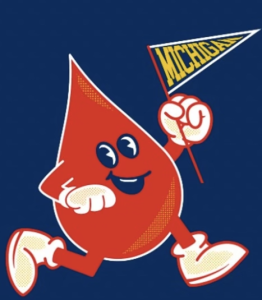 Blood drop cartoon holding a Michigan flag.