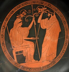 Prometheus and Hera; tondo of a red-figure kylix cup by Douris, c. 470-460 BCE. Paris, Cab. Méd. 542.