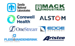 Logos of participating companies: Alstom, Aristeo, Corewell Health, Edge Autonomy, Fleis & VandenBrink, Mack Industries, OneStream Software, Sandia National Lab