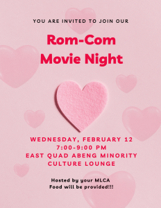 Poster with the words stating 'Rom-Com Movie Night' with images of hearts