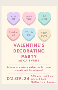 Poster with the words stating 'Valentines Decorating Party' with images of hearts