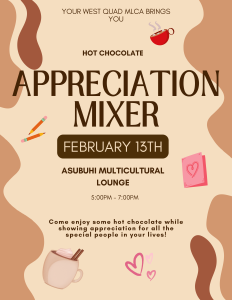 Poster with the words stating 'Hot chocolate appreciation mixer' with images of hot chocolate, pencils, and cards with hearts