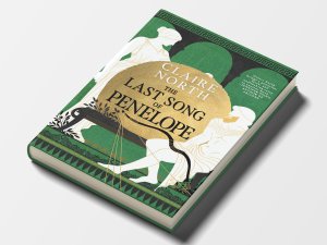 The cover of the novel “The Last Song of Penelope,” showing outlines of a woman standing and a bearded man stringing a bow.