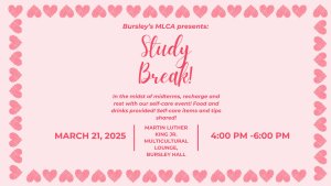 Pink background bordered with pink hearts with words stating ‘Bursleys MCLA presents: Study Break!’