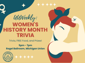 The image promotes "UUWeekly: Women's History Month Trivia." It features an illustration inspired by Rosie the Riveter, symbolizing strength and empowerment. The event offers trivia, free food, and prizes, taking place on March 19, 2025, from 5 PM to 7 PM at the Rogel Ballroom in the Michigan Union.