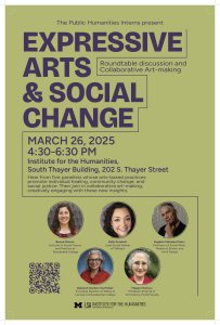 An image with the title "Expressive Arts & Social Change" with headshots of five panelists