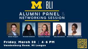 Blue background with 5 headshots of BLI alumni for a panel event. event information on white with a yellow M | BLI logo up top