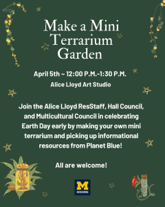 Green Background with Plants advertising the April 5th event for making your own terrarium garden from 12:00 P.M. to 1:30 P.M. Green Background with Plants advertising the April 5th event for making your own terrarium garden from 12:00 P.M. to 1:30 P.M.