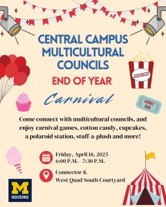 Beige background with carnival graphics advertising the Central Campus End of the Year Carnival on Friday, April 18th from 6:00 P.M. to 7:30 P.M. Beige background with carnival graphics advertising the Central Campus End of the Year Carnival on Friday, April 18th from 6:00 P.M. to 7:30 P.M.