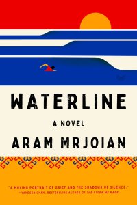 Bookcover of Waterline by Aram Mrjoian (Graphic design blocks of blue representing water with swimmer.) Bookcover of Waterline by Aram Mrjoian (Graphic design blocks of blue representing water with swimmer.)