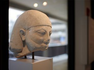 Limestone sculpture of a male head with an Egyptian hairstyle on display in the Kelsey Museum. Much of the figure’s chin is broken off.