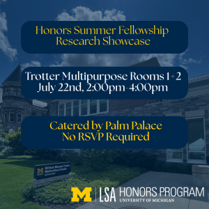 This describes the Honors Summer Fellowship Poster Session, taking place Tuesday, July 22nd in the Trotter Multicultural Center from 2pm-4pm, and will be catered by Palm Palace. This describes the Honors Summer Fellowship Poster Session, taking place Tuesday, July 22nd in the Trotter Multicultural Center from 2pm-4pm, and will be catered by Palm Palace.