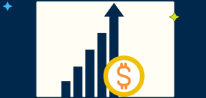 A bar graph with increasing bars and an upward arrow, with a dollar sign coin in front, representing financial growth or rising profits.