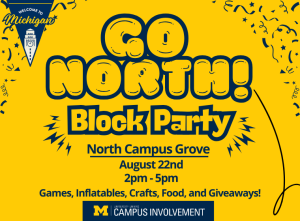 Bold, playful University of Michigan poster for ‘Go North! Block Party’ on August 22nd from 2–5pm at North Campus Grove. Features games, inflatables, crafts, food, and giveaways.