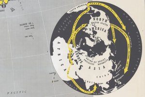 "View of the world from North Pole illustrates the immense problems of logistics confronting the Allies in shifting their weight from Europe to the East," Pacific Actions map inset from NewsMap for the Armed Forces, 1945.