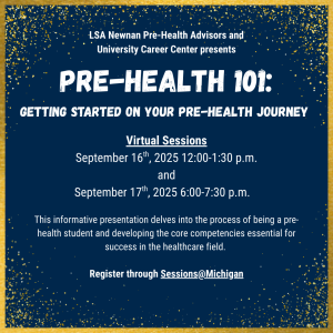 Flyer for pre-health 101 event. Event is virtual and being held twice. 16 September 2025 from noon to 1:30 pm and 17 September 2025 from 6 to 7:30 pm.