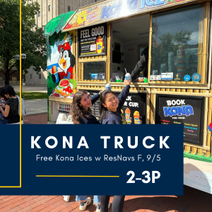 Event graphic with two students stand at delivery window of Kona Ice Truck.