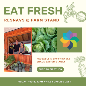 Graphic shows three pics: ResNavs at Farm Stand last year (3 students look out under awning); cabbages, and the Well-Being Wheel symbol. Details as described.