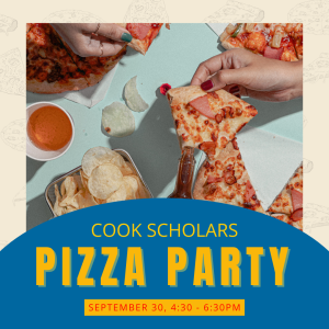 Graphic with photo of pizza and chips on table.