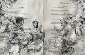 A drawing on a restaurant menu depics three men sitting together and eating