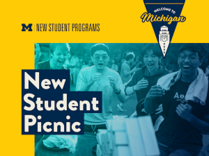 Graphic with a yellow and navy design that reads “New Student Programs – New Student Picnic.” Background shows students outdoors laughing and enjoying themselves, with one holding a snack and others interacting near a game or activity table.