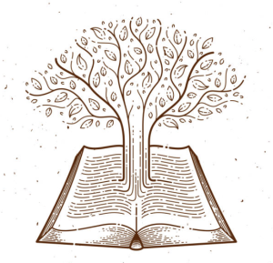 An abstract drawing of a tree grows out of an open book.