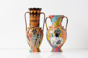 Roberto Lugo: Ceramic vases featuring images of Biggie and Tupac