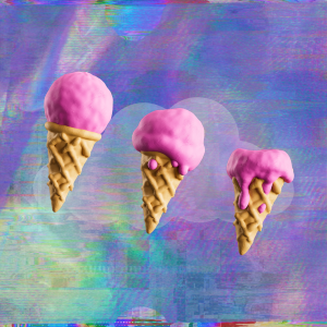 Pink clay art style ice cream cones that appear to be melting sit in front of a multi colored glitchy art background.