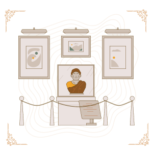 Clipart of a museum exhibit featuring a sculpture and paintings.