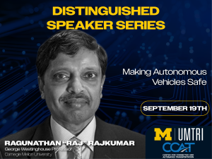 Headshot of Professor Rajkumar and the logos for UMTRI and CCAT