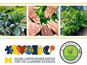 There is a series of three photos of an urban vegetable garden, including one with overlapping hands. Below the photos are the logos for the Eileen Lappin Weiser Center for the Learning Sciences and Corn Wine Oil Farms Detroit.