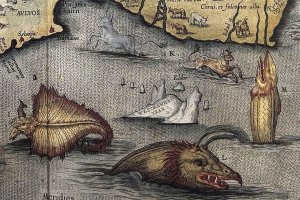 Islandia in "Theatrum Orbis Terrarum" (Theater of the World), by Abraham Ortelius, 1586, showing fantastical sea creatures.