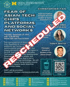 Promotional flyer for "Fear of Asian Tech: Chips, Platforms, and Social Networks" with event details, speakers, and a QR code for registration.
