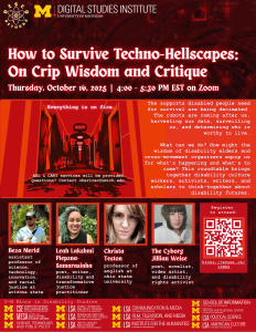Flyer for "How to Survive Techno-Hellscapes" event by the University of Michigan with speaker photos and a registration QR code.