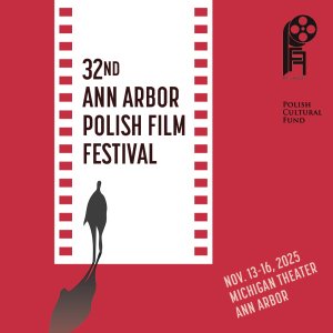 An event poster featuring the AAPFF logo in black set against a red background. A white film strip runs across the design, accented with red lettering that announces: “32nd Ann Arbor Polish Film Festival.” A black silhouette, along with its shadow, is showcased atop the white film strip, creating a compelling visual centerpiece. An event poster featuring the AAPFF logo in black set against a red background. A white film strip runs across the design, accented with red lettering that announces: “32nd Ann Arbor Polish Film Festival.” A black silhouette, along with its shadow, is showcased atop the white film strip, creating a compelling visual centerpiece.