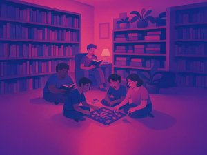 Illustration of people playing board games and reading books