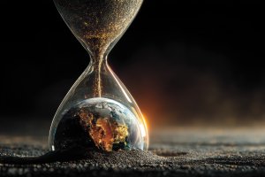 Hourglass with Earth inside the bottom half, symbolizing time and the planet.