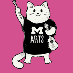 A cartoon cat in a Michigan Arts Shirt holding a paint brush and an ukulele