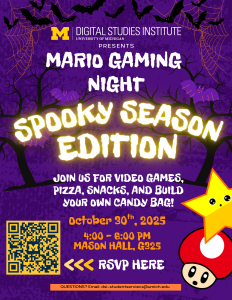 A purple background with black trees and bats, orange spider webs, and the Mario Star and Mushroom.