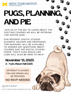 A white background with beige grid and black writing. An image of a cartoon pug is stretching in the right corner and small puppy footprints are lining the upper right corner of the image.