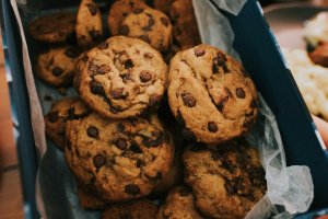 Pile of cookies in a baking pan