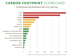 A graph showing the relative carbon footprint of various types of foods, illustrating that beef and lamb have greenhouse gas emissions several times higher per serving than vegetable sources