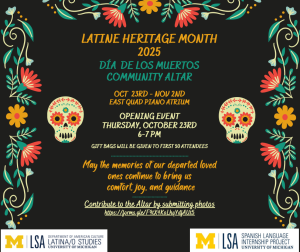 A black flyer featuring day of the dead imagery and event date and time