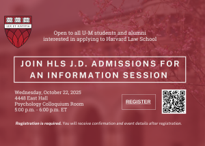 Flyer for information session from Harvard Law School Admissions Representative including Q and A