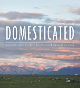 A wide-angle photograph of a serene landscape with green fields and distant mountains, with the title text "DOMESTICATED" prominently displayed