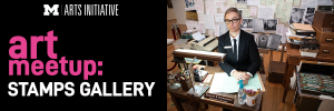 Text: art meetup: stamps gallery, image of individual at office desk