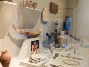 View of a Kelsey Museum display case filled with Egyptian artifacts. Prominently displayed are two painted wooden figurines—one of a kneeling man and the other a butchered, black-and-white spotted cow.